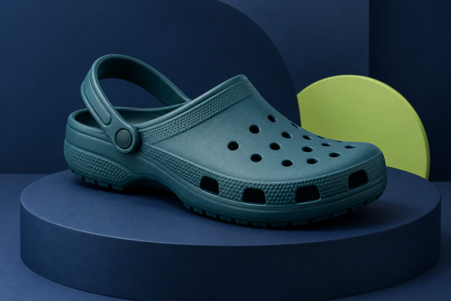 Ilustración editorial generada con IA de un zueco de espuma azul verdoso con correa; no representa el Classic Clog exacto.