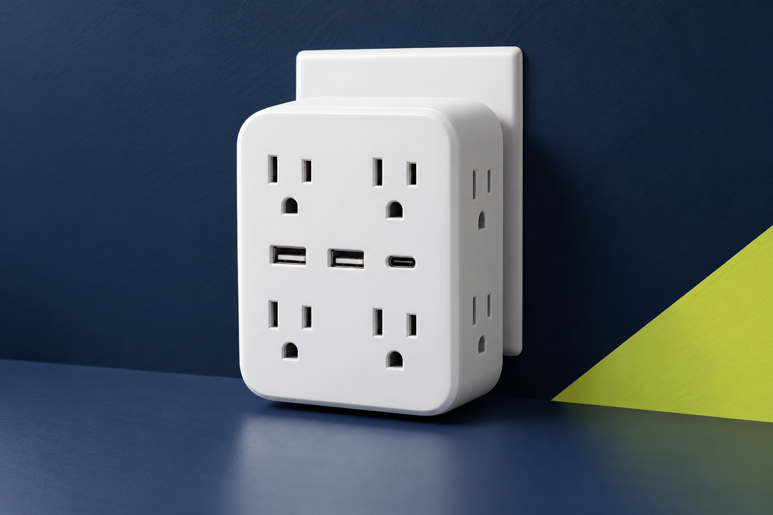 Ilustración editorial generada con IA de un extensor de tomas con puertos USB; no representa el modelo POWRUI exacto.