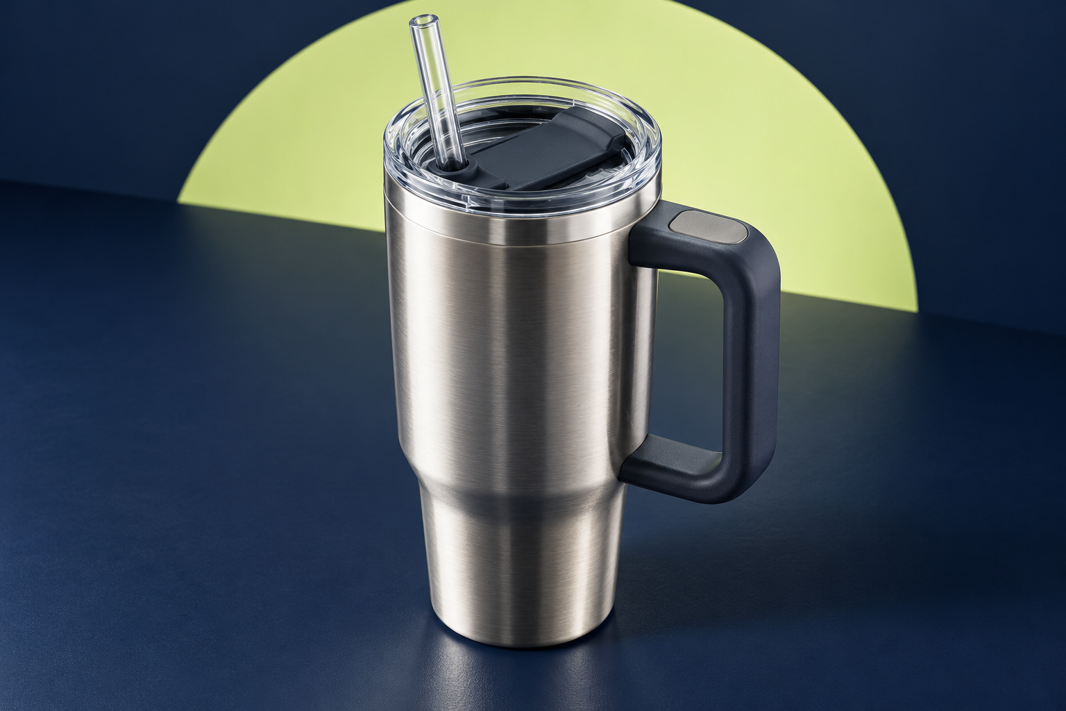 Escena ilustrativa generada con IA de un vaso térmico sobre un escritorio; no muestra el modelo exacto.